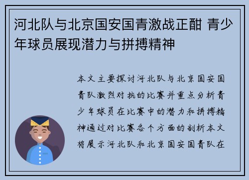 河北队与北京国安国青激战正酣 青少年球员展现潜力与拼搏精神